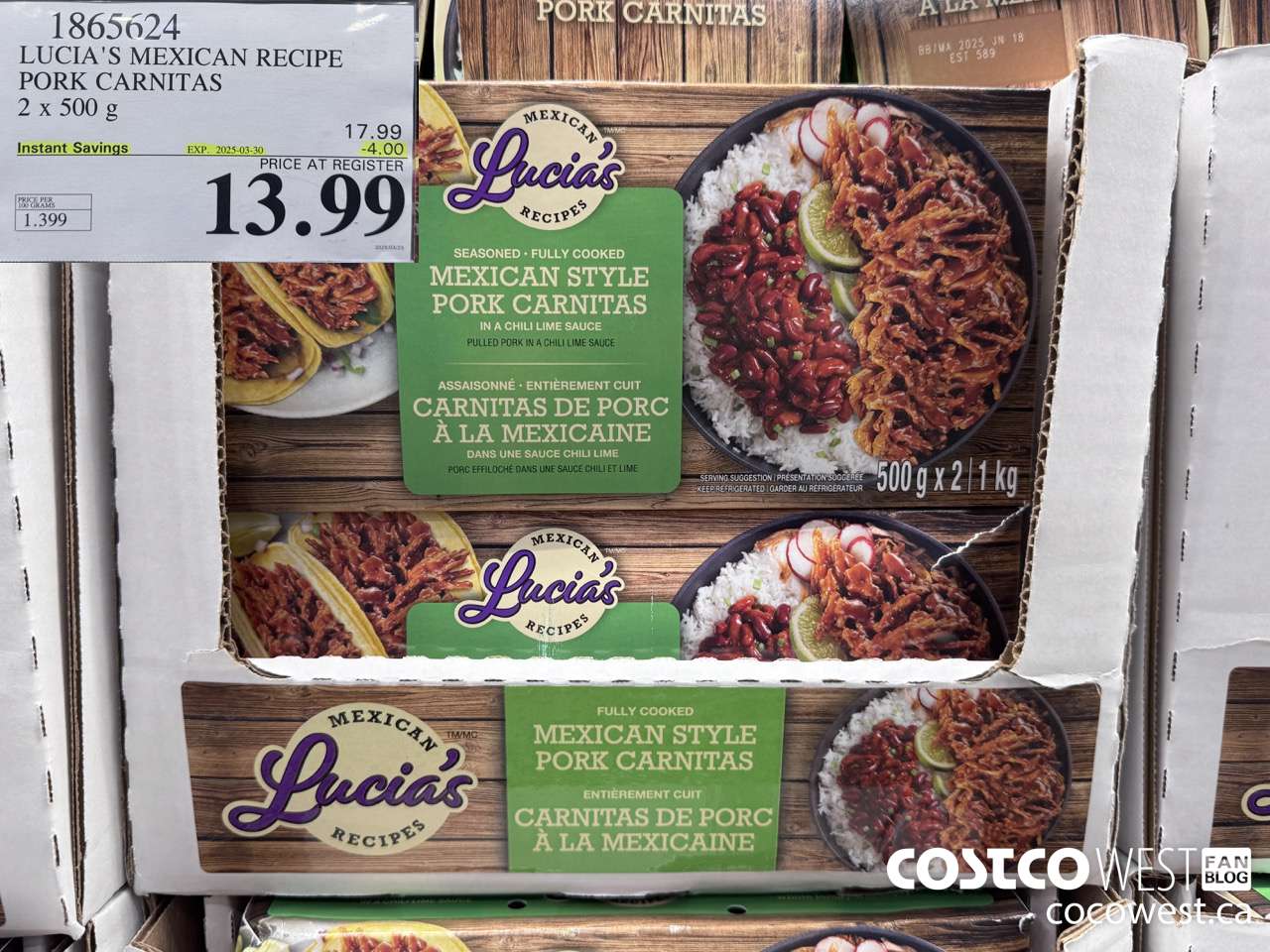 1865624 LUCIA'S MEXICAN RECIPE PORK CARNITAS 2 X 500G ($4.00 INSTANT SAVINGS EXPIRES ON 2025-03-30) $13.99