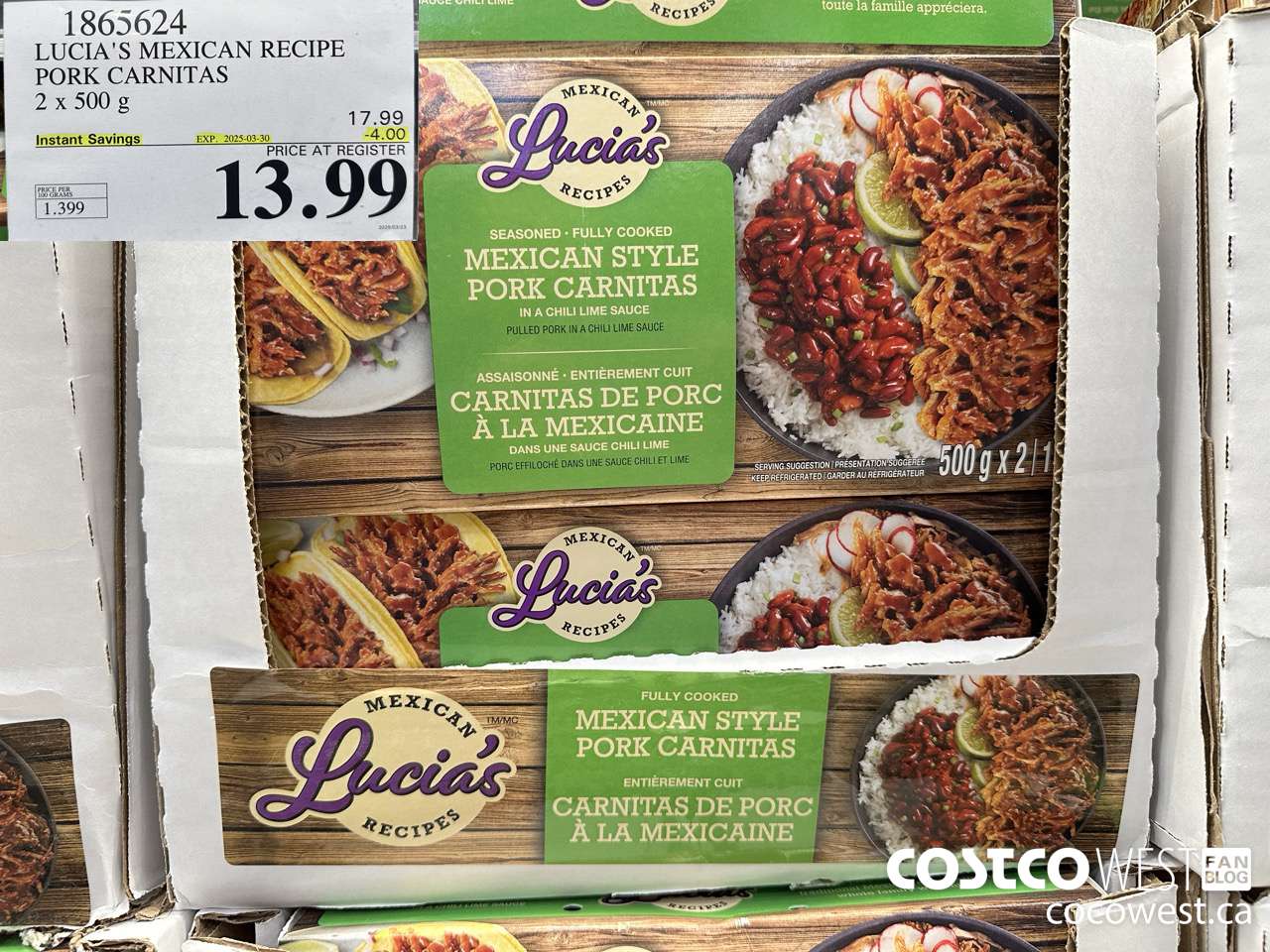 1865624 LUCIA'S MEXICAN RECIPE PORK CARNITAS 2 X 500G ($4.00 INSTANT SAVINGS EXPIRES ON 2025-03-30) $13.99