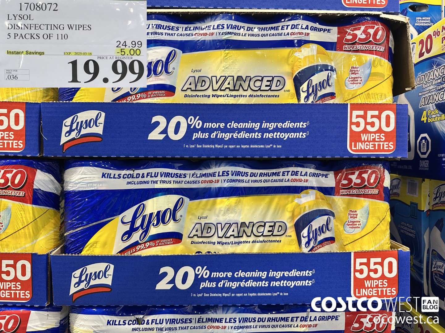 1708072 LYSOL DISINFECTING WIPES 5 X 110 WIPES ($5.00 INSTANT SAVINGS EXPIRES ON 2025-03-16) $19.99