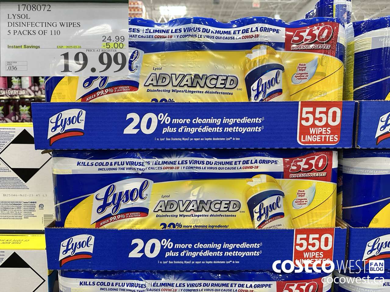 1708072 LYSOL DISINFECTING WIPES 5 X 110 WIPES ($5.00 INSTANT SAVINGS EXPIRES ON 2025-03-16) $19.99