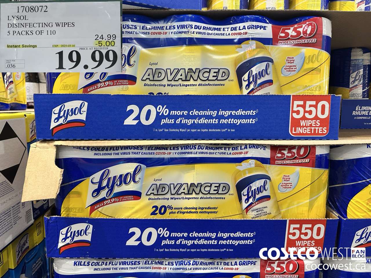 1708072 LYSOL DISINFECTING WIPES 5 X 110 WIPES ($5.00 INSTANT SAVINGS EXPIRES ON 2025-03-16) $19.99