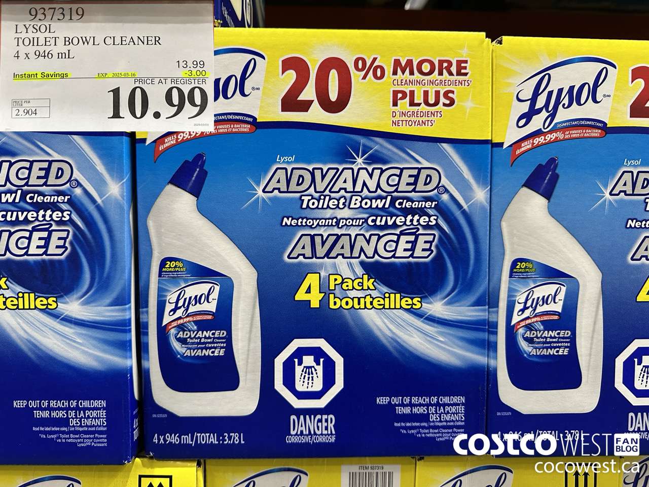 937319 LYSOL TOILET BOWL CLEANER 4 x 946 ML ($3.00 INSTANT SAVINGS EXPIRES ON 2025-03-16) $10.99