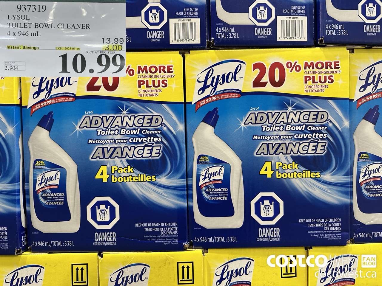937319 LYSOL TOILET BOWL CLEANER 4 x 946 ML ($3.00 INSTANT SAVINGS EXPIRES ON 2025-03-16) $10.99
