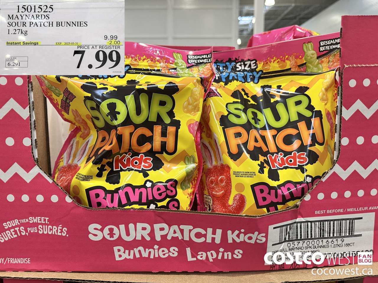 1501525 MAYNARDS SOUR PATCH BUNNIES 1.27kg ($2.00 INSTANT SAVINGS EXPIRES ON 2024-03-31) $7.99