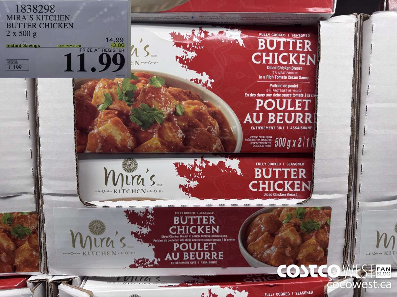 1838298 MIRA'S KITCHEN BUTTER CHICKEN 2 x 500 g ($3.00 INSTANT SAVINGS EXPIRES ON 2025-03-30) $11.99