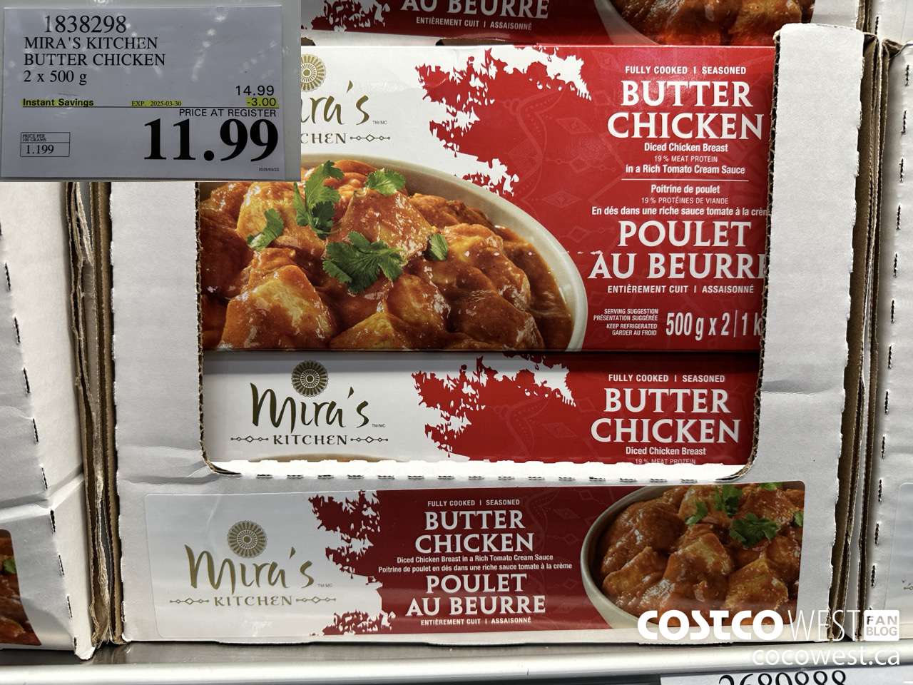 1838298 MIRA'S KITCHEN BUTTER CHICKEN 2 x 500 g ($3.00 INSTANT SAVINGS EXPIRES ON 2025-03-30) $11.99