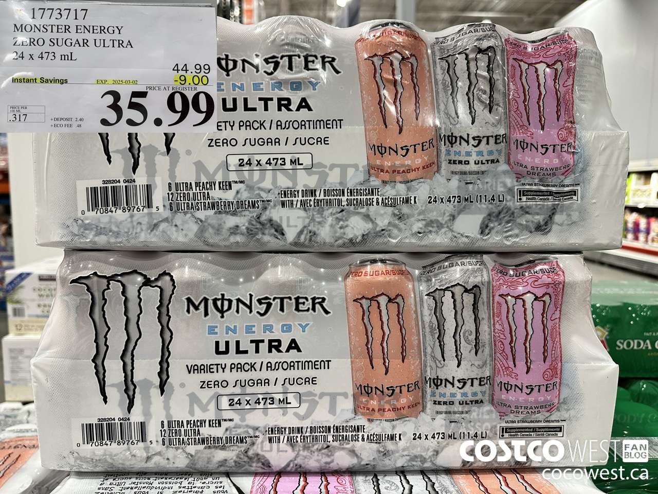 1773717 MONSTER ENERGY ZERO SUGAR ULTRA 94 x 473 mL ($9.00 INSTANT SAVINGS EXPIRES ON 2025-03-02) $35.99