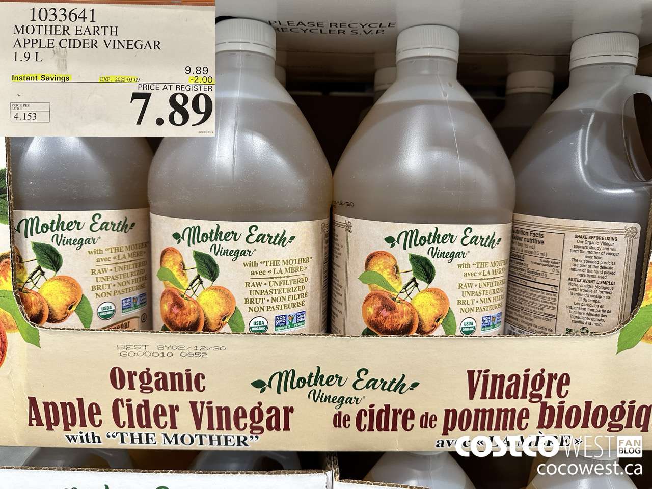 1033641 MOTHER EARTH ORGANIC APPLE CIDER VINEGAR 1.9L ($2.00 INSTANT SAVINGS EXPIRES ON 2025-03-09) $7.89
