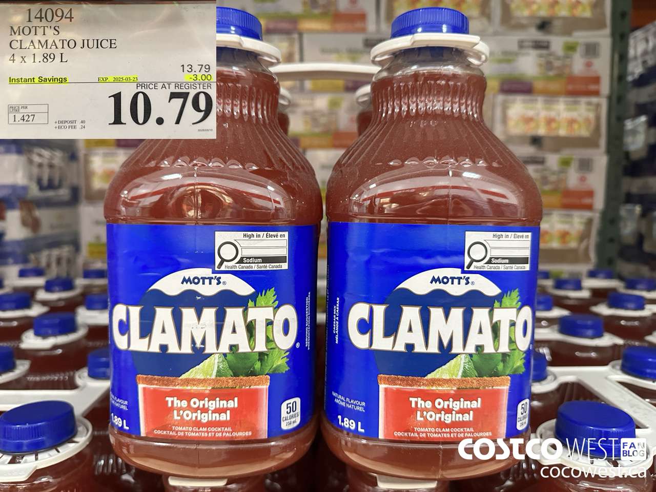 14094 MOTTS CLAMATO JUICE 4 X 1.89 L ($3.00 INSTANT SAVINGS EXPIRES ON 2025-03-23) $10.79