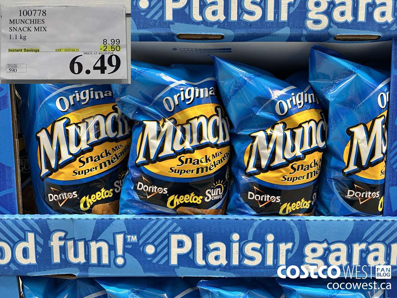 100778 MUNCHIES SNACK MIX 1.1 kg ($2.50 INSTANT SAVINGS EXPIRES ON 2025-04-13) $6.49