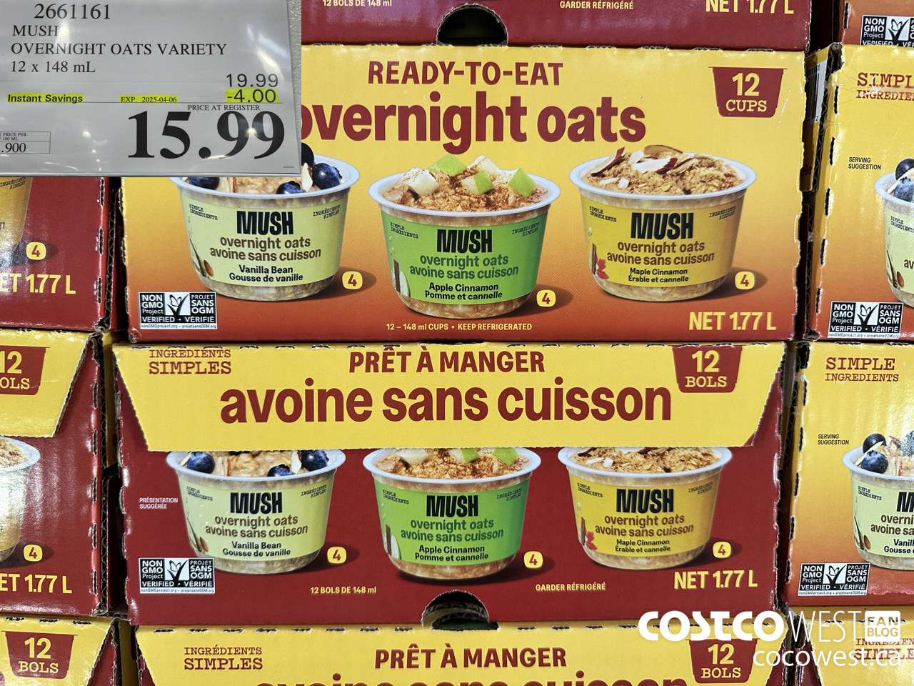 2661161 MUSH OVERNIGHT OATS VARIETY 12 X 141G ($5.00 INSTANT SAVINGS EXPIRES ON 2025-04-06) $15.99