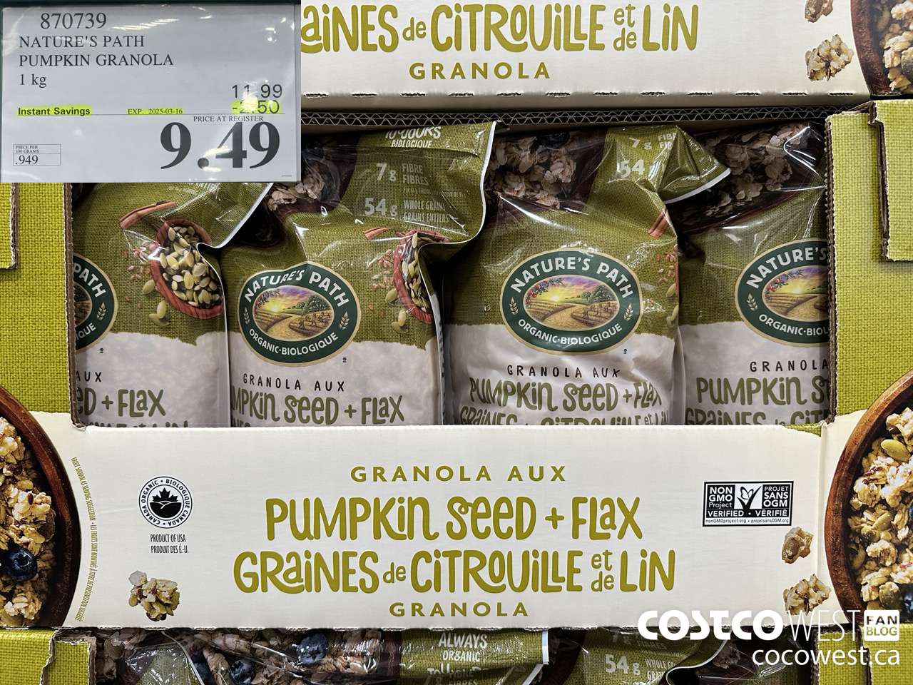 870739 NATURE'S PATH PUMPKIN GRANOLA 1KG ($2.50 INSTANT SAVINGS EXPIRES ON 2025-03-16) $9.49