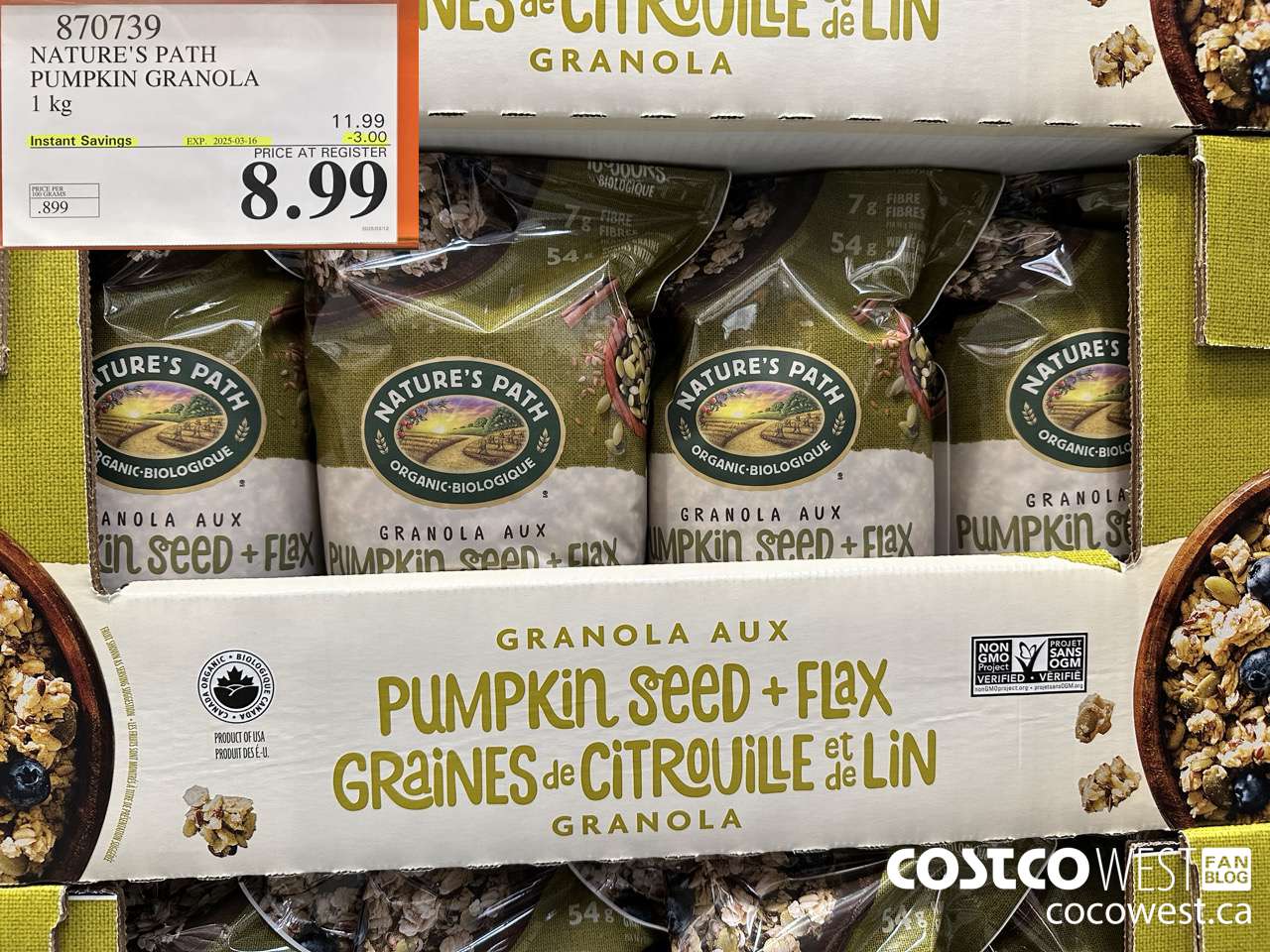 870739 NATURE'S PATH PUMPKIN GRANOLA 1 kg ($3.00 INSTANT SAVINGS EXPIRES ON 2025-03-16) $8.99