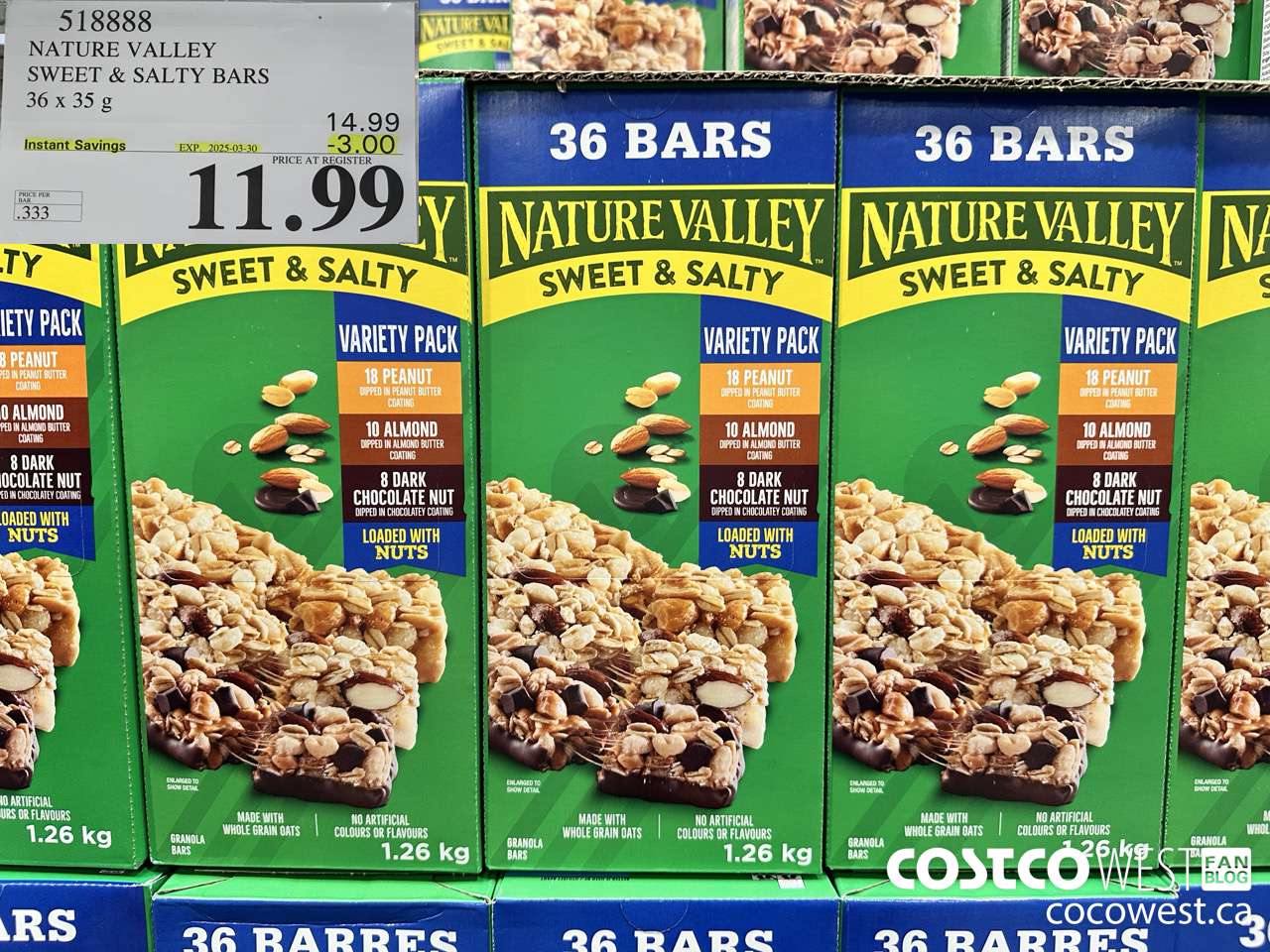 518888 NATURE VALLEY SWEET & SALTY BARS 36 X 35 G ($3.00 INSTANT SAVINGS EXPIRES ON 2025-03-30) $11.99
