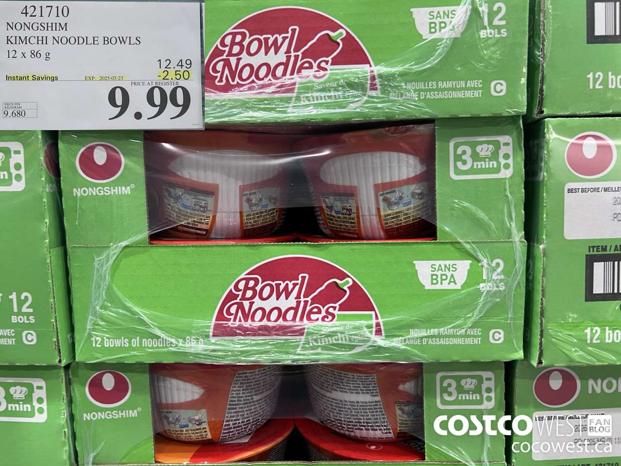 421710 NONG SHIM KIMCHI NOODLE BOWLS 12 x 86g ($2.50 INSTANT SAVINGS EXPIRES ON 2025-03-23) $9.99