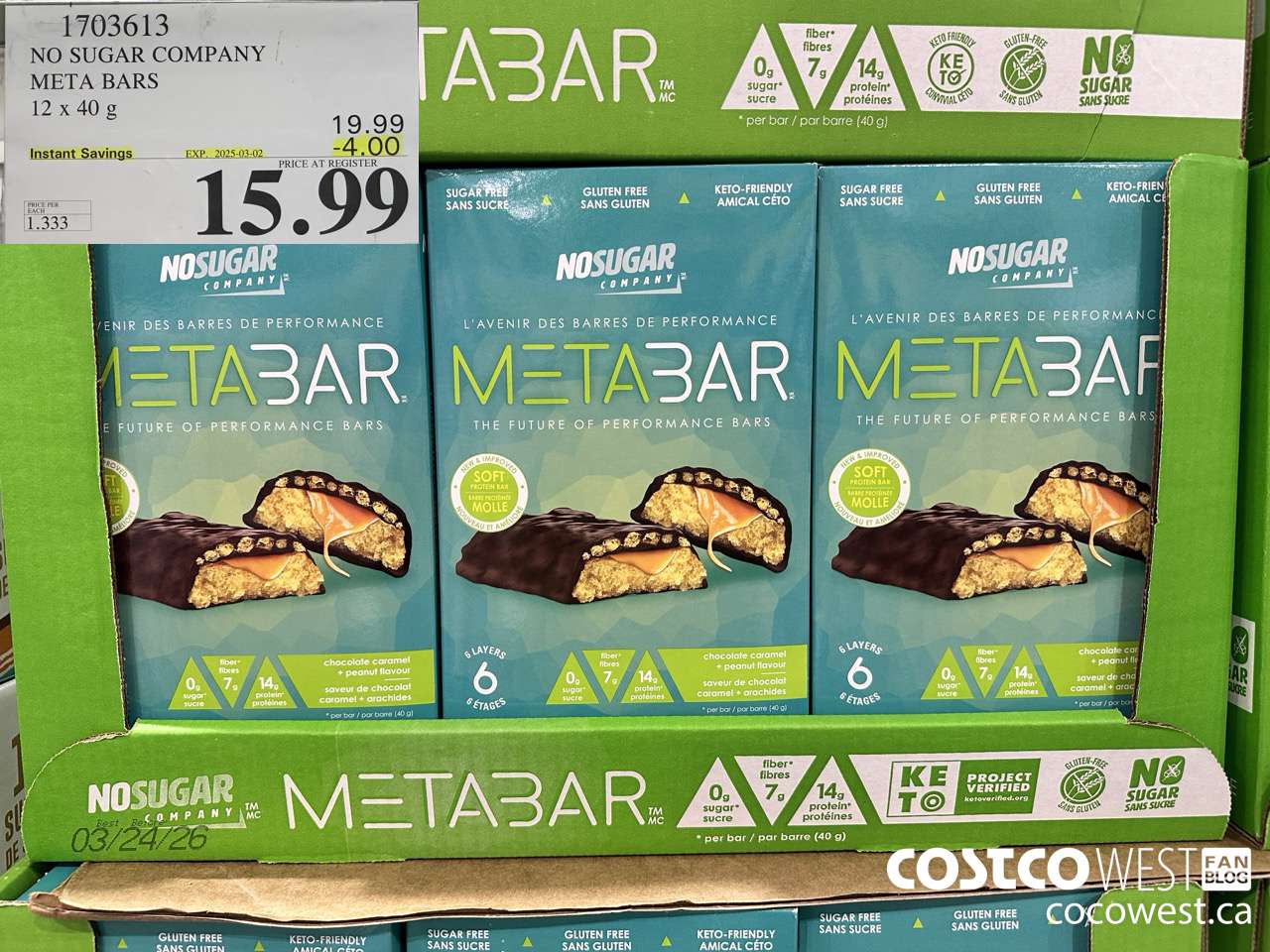 1703613 NO SUGAR COMPANY META BARS 12 x 40g ($4.00 INSTANT SAVINGS EXPIRES ON 2025-03-02) $15.99