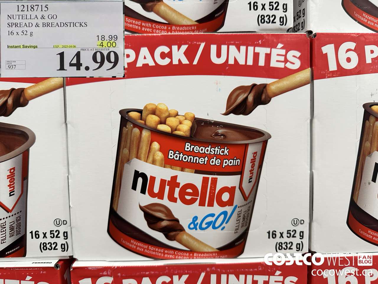 1218715 NUTELLA AND GO SPREAD & BREADSTICKS 16 X 52 G ($4.00 INSTANT SAVINGS EXPIRES ON 2024-04-06) $14.99