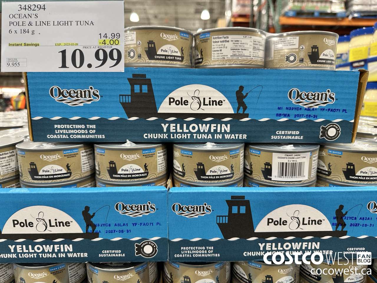 348294 OCEAN'S POLE & LINE LIGHT TUNA 6 x 184 g ($4.00 INSTANT SAVINGS EXPIRES ON 2025-03-09) $10.99