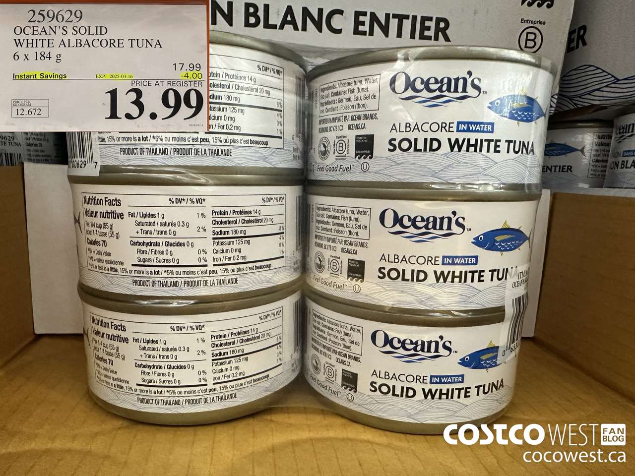 259629 OCEAN'S SOLID WHITE TUNA 6 X 184 G ($4.00 INSTANT SAVINGS EXPIRES ON 2025-03-16) $13.99