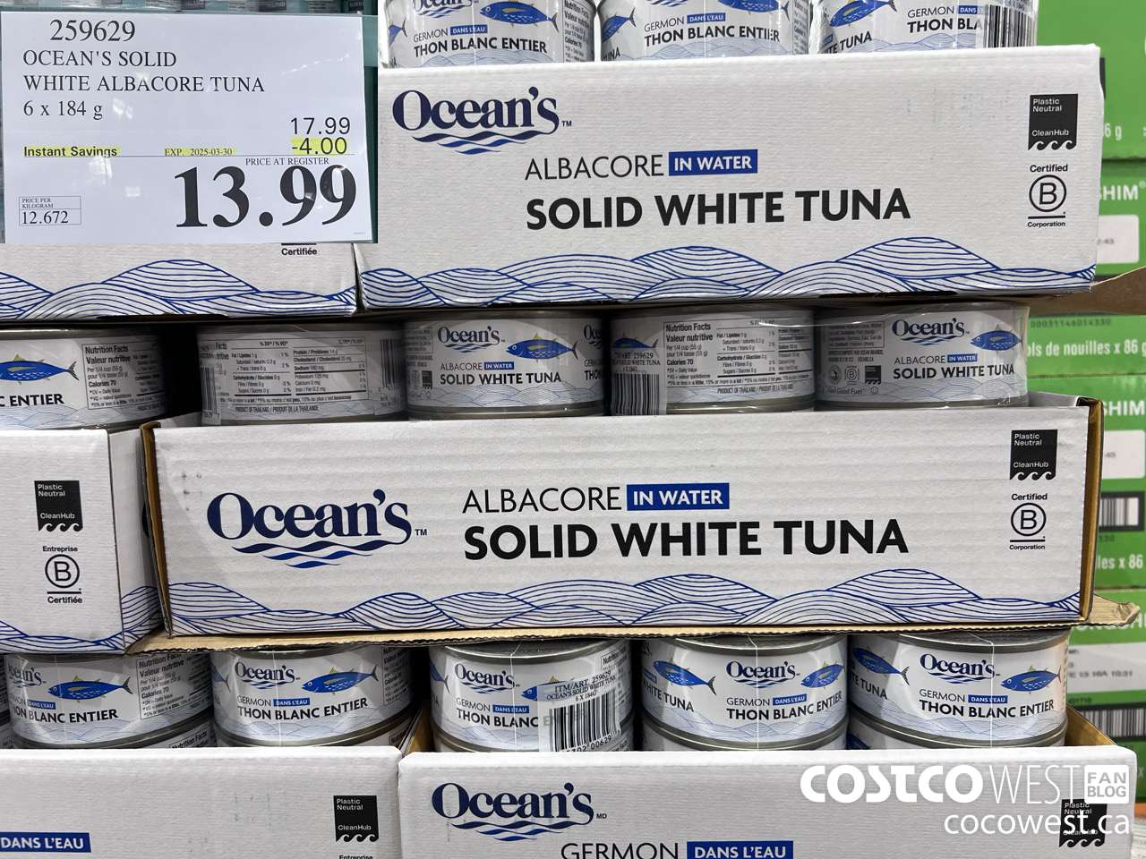 259629 OCEAN'S SOLID WHITE TUNA 6 X 184 G ($4.00 INSTANT SAVINGS EXPIRES ON 2025-03-30) $13.99