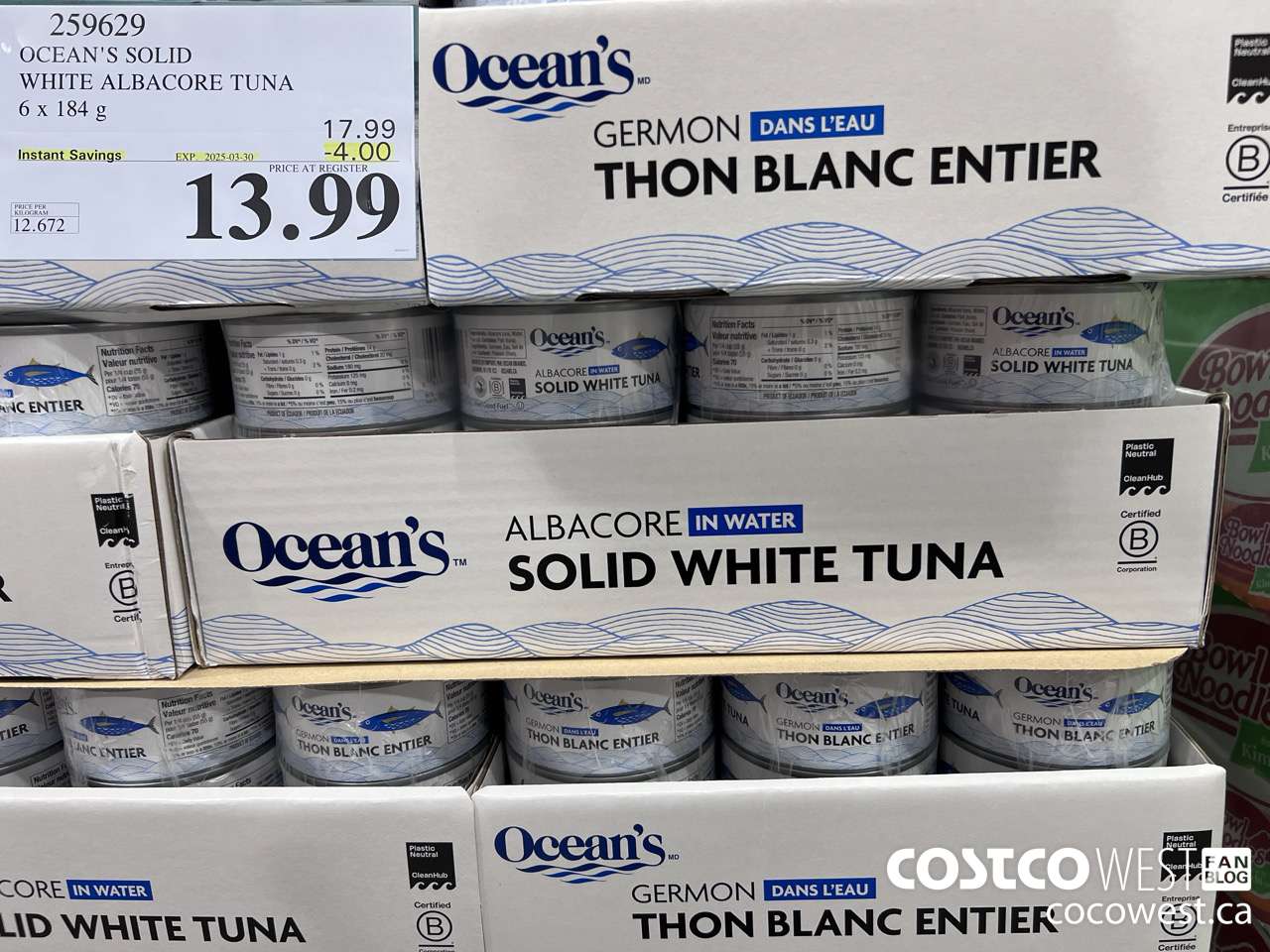 259629 OCEAN'S SOLID WHITE TUNA 6 X 184 G ($4.00 INSTANT SAVINGS EXPIRES ON 2025-03-30) $13.99