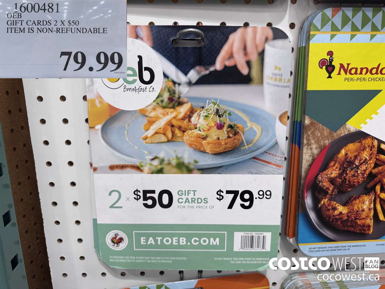 1600481 OEB RESTAURANT GIFT CARDS 2 x $50 ITEM IS NON-REFUNDABLE $79.99