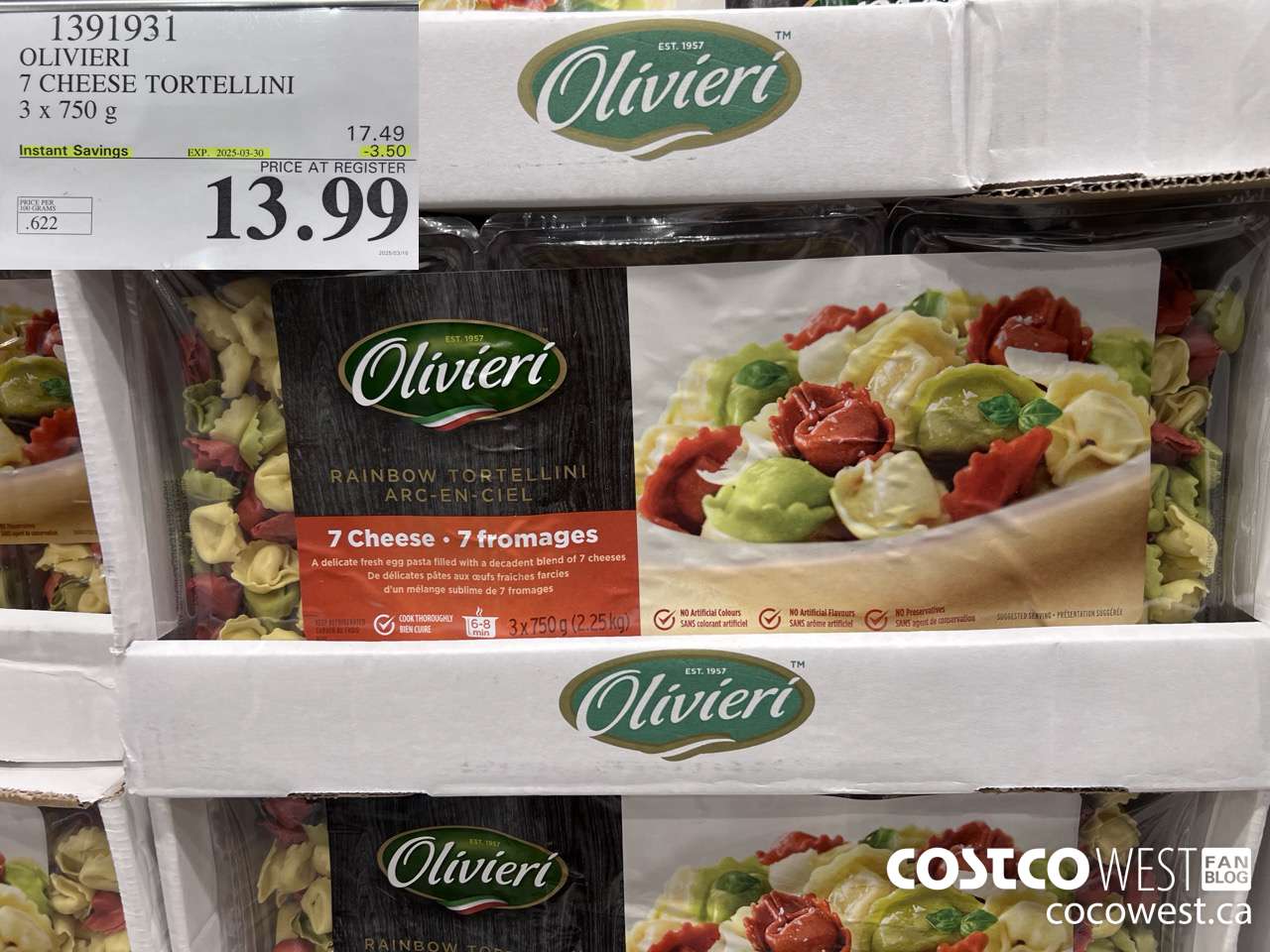 1391931 OLIVIERI 7 CHEESE TORTELLINI 3 x 750 g ($3.50 INSTANT SAVINGS EXPIRES ON 2025-03-30) $13.99