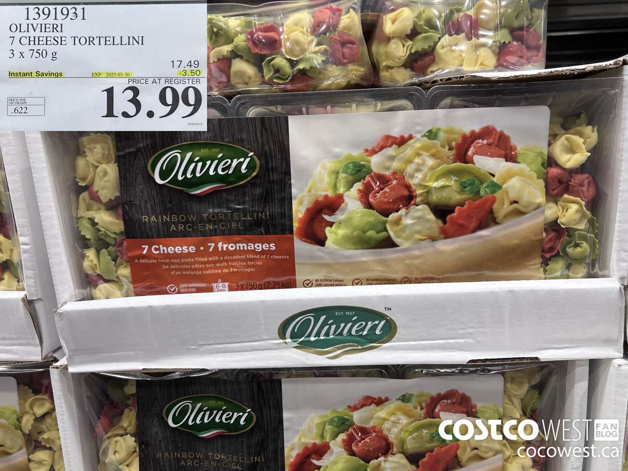 1391931 OLIVIERI 7 CHEESE TORTELLINI 3 x 750 g ($3.50 INSTANT SAVINGS EXPIRES ON 2025-03-30) $13.99