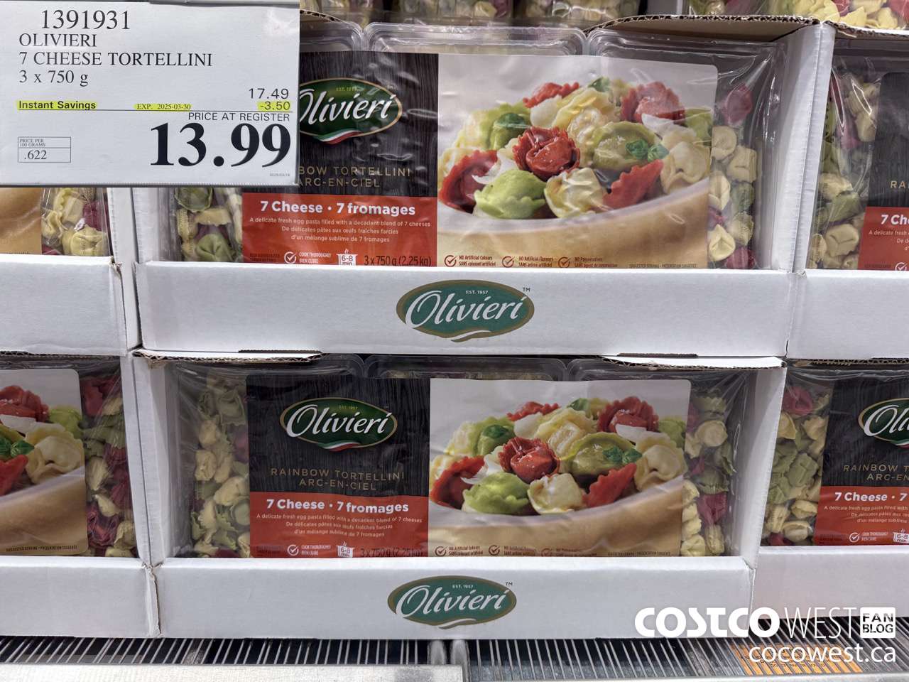 1391931 OLIVIERI 7 CHEESE TORTELLINI 3 x 750 g ($3.50 INSTANT SAVINGS EXPIRES ON 2025-03-30) $13.99