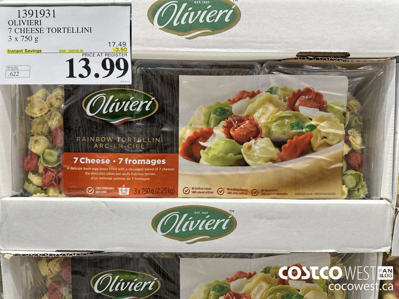 1391931 OLIVIERI 7 CHEESE TORTELLINI 3 x 750 g ($3.50 INSTANT SAVINGS EXPIRES ON 2025-03-30) $13.99
