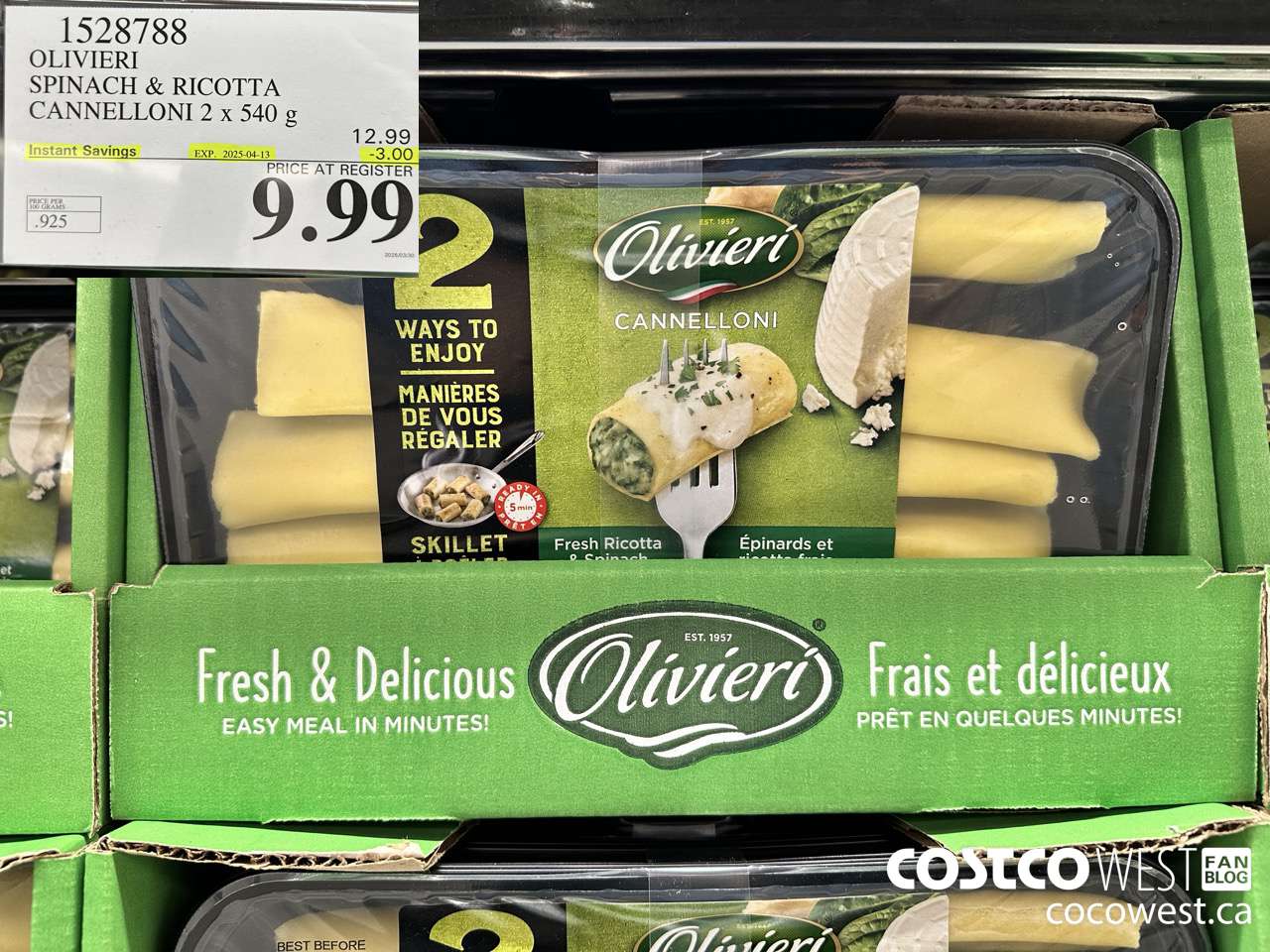 1528788 OLIVIERI SPINACH & RICOTTA CANNELLONI 2 x 540 g ($3.00 INSTANT SAVINGS EXPIRES ON 2025-04-13) $9.99
