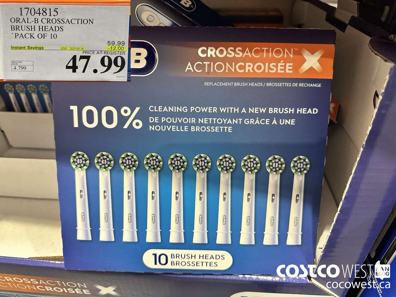 1704815 ORAL-B CROSSACTION BRUSH HEADS PACK OF 10 ($12.00 INSTANT SAVINGS EXPIRES ON 2025-03-16) $47.99