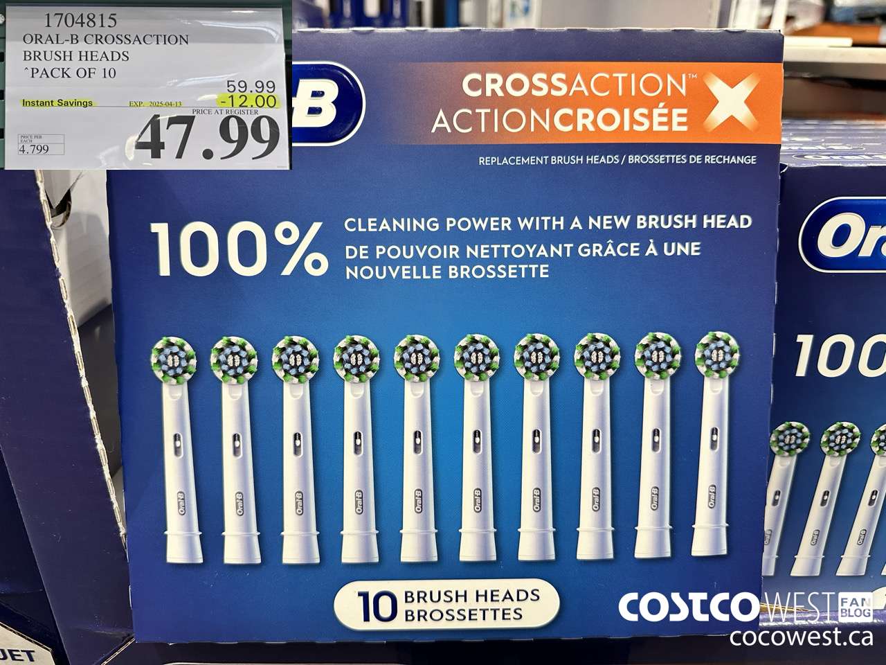 1704815 ORAL-B CROSSACTION BRUSH HEADS PACK OF 10 ($12.00 INSTANT SAVINGS EXPIRES ON 2025-04-13) $47.99