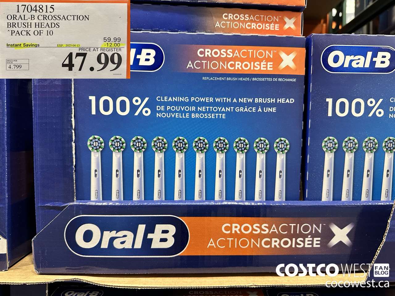 1704815 ORAL-B CROSSACTION BRUSH HEADS PACK OF 10 ($12.00 INSTANT SAVINGS EXPIRES ON 2025-04-13) $47.99