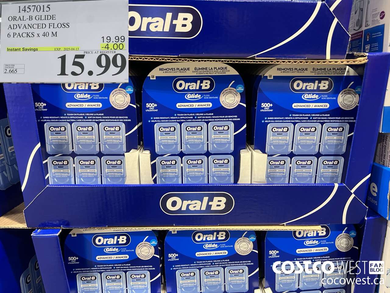 1457015 ORAL-B GLIDE ADVANCED FLOSS 6 PACKS x 40 M ($4.00 INSTANT SAVINGS EXPIRES ON 2025-04-13) $15.99