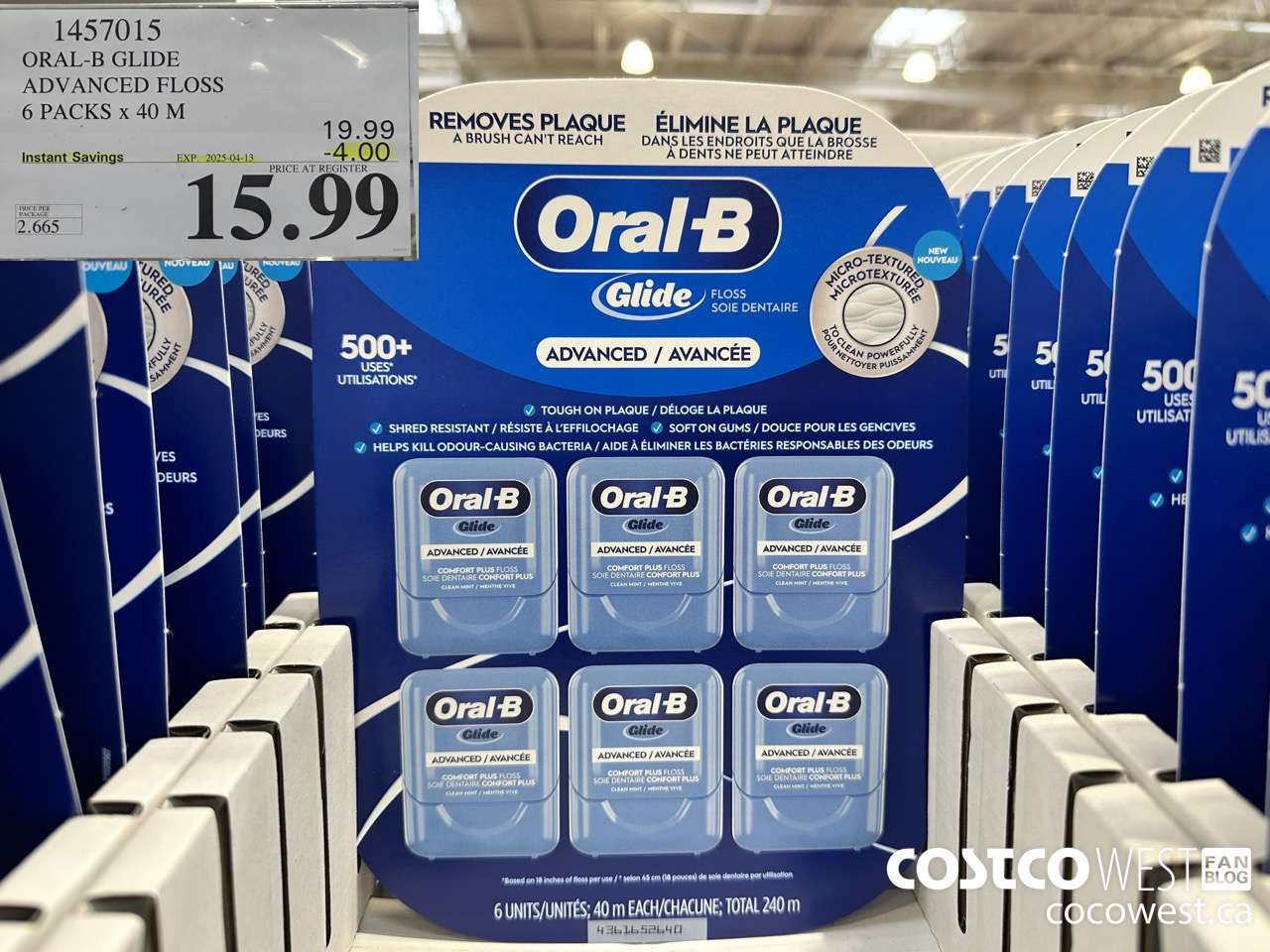 1457015 ORAL-B GLIDE ADVANCED FLOSS 6 PACKS x 40 M ($4.00 INSTANT SAVINGS EXPIRES ON 2025-04-13) $15.99