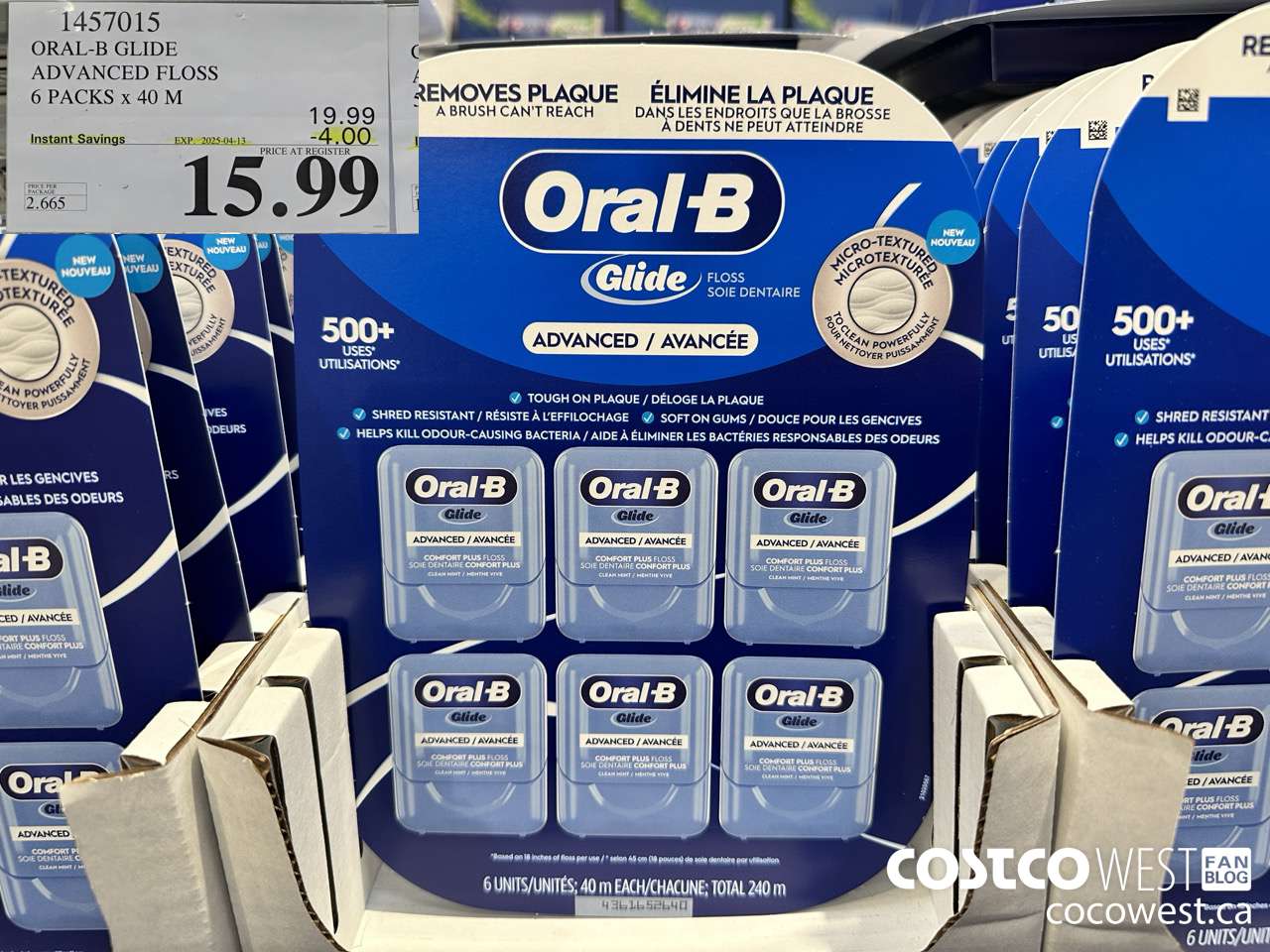 1457015 ORAL-B GLIDE ADVANCED FLOSS 6 PACKS x 40 M ($4.00 INSTANT SAVINGS EXPIRES ON 2025-04-13) $15.99