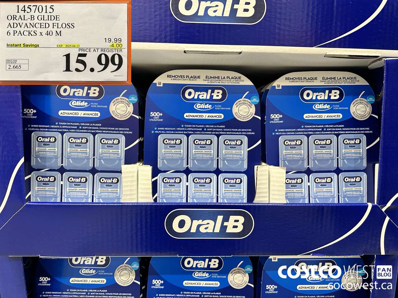 1457015 ORAL-B GLIDE ADVANCED FLOSS 6 PACKS x 40 M ($4.00 INSTANT SAVINGS EXPIRES ON 2025-04-13) $15.99