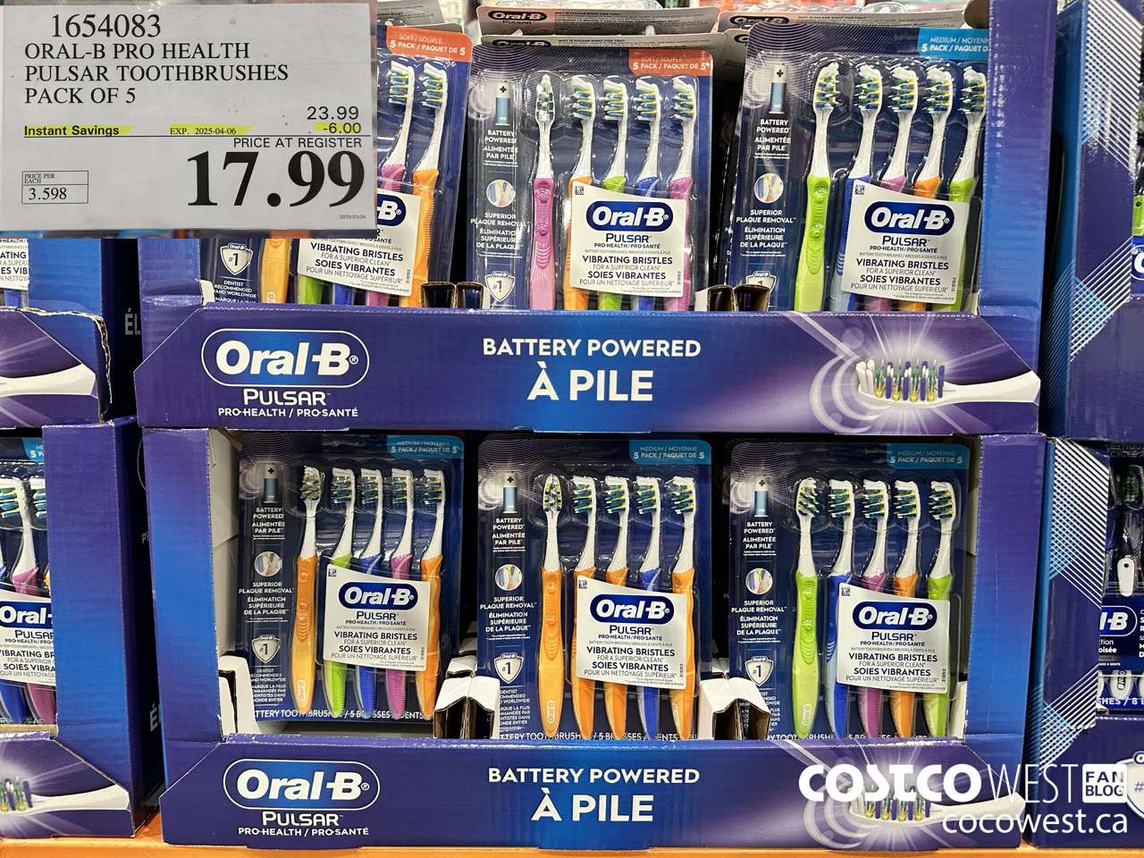 1654083 ORAL-B PRO HEALTH TOOTHBRUSHES PACK OF 5 ($6.00 INSTANT SAVINGS EXPIRES ON 2025-04-06) $17.99