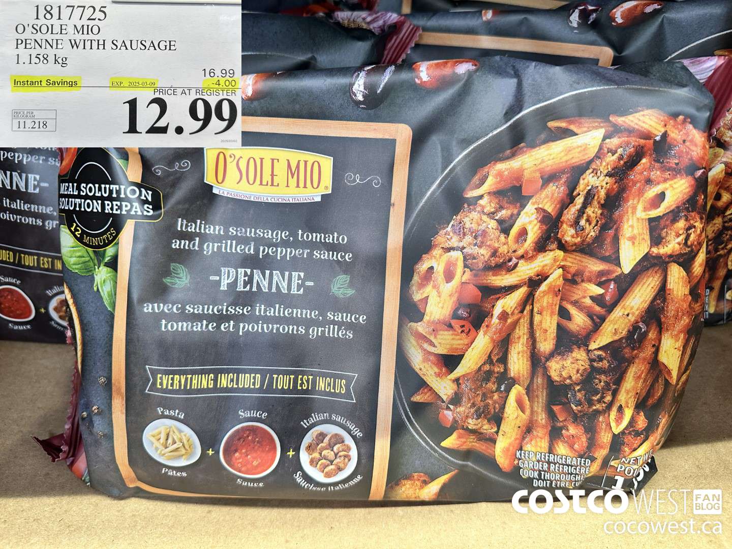 1817725 O'SOLE MIO PENNE WITH SAUSAGE 1.158KG ($4.00 INSTANT SAVINGS EXPIRES ON 2025-03-09) $12.99