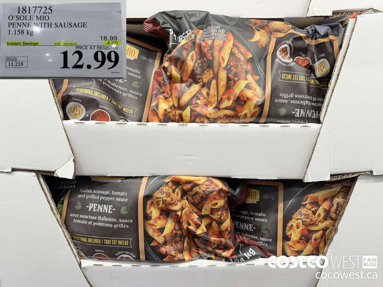 1817725 O'SOLE MIO PENNE WITH SAUSAGE 1.158KG ($4.00 INSTANT SAVINGS EXPIRES ON 2025-04-13) $12.99