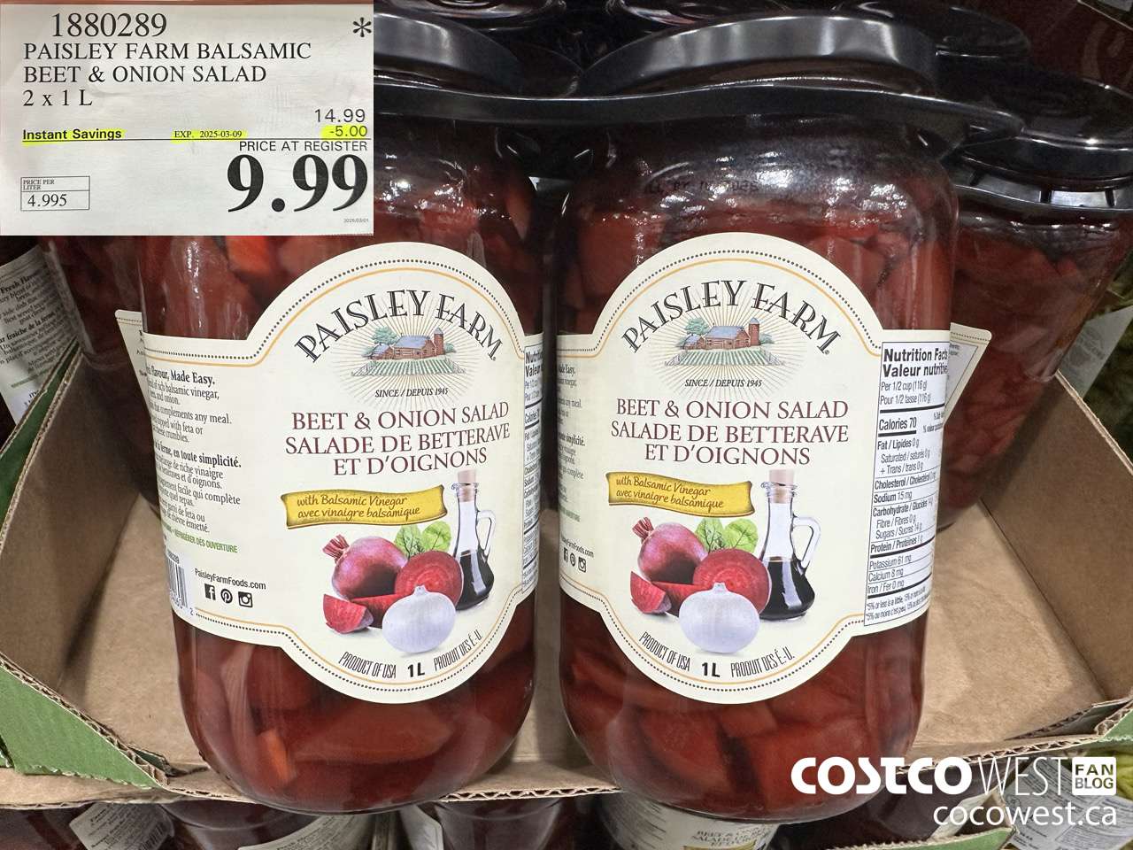 1880289 PAISLEY FARM BALSAMIC BEET & ONION SALAD 2 X 1L ($5.00 INSTANT SAVINGS EXPIRES ON 2025-03-09) $9.99