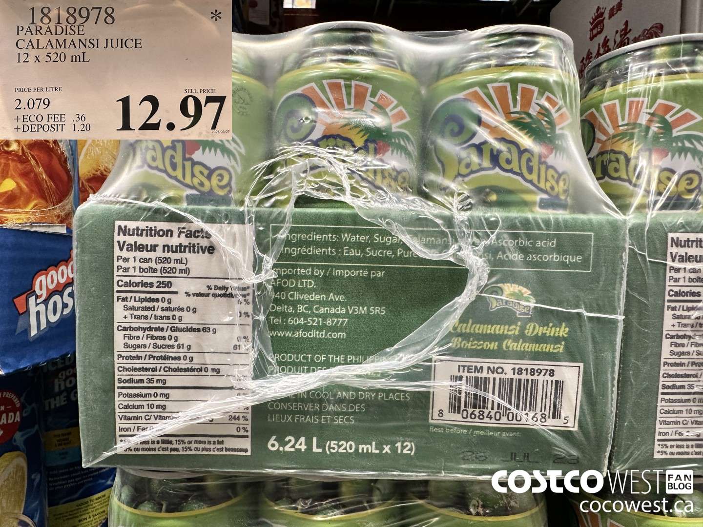 1818978 PARADISE CALAMANSI JUICE 12 x 520 mL $12.97