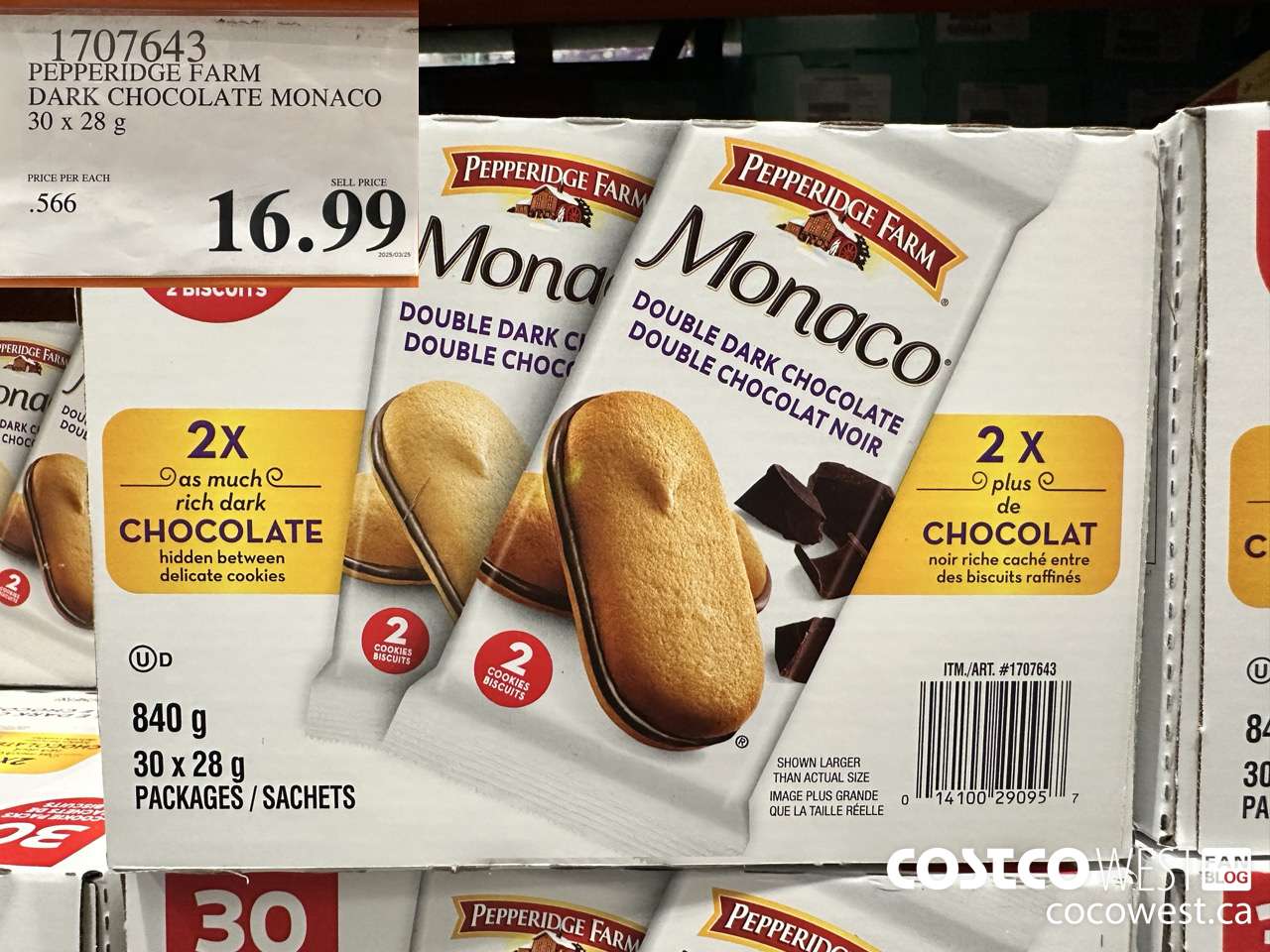 1707643 PEPPERIDGE FARM DARK CHOCOLATE MONACO 30 X 28G $16.99