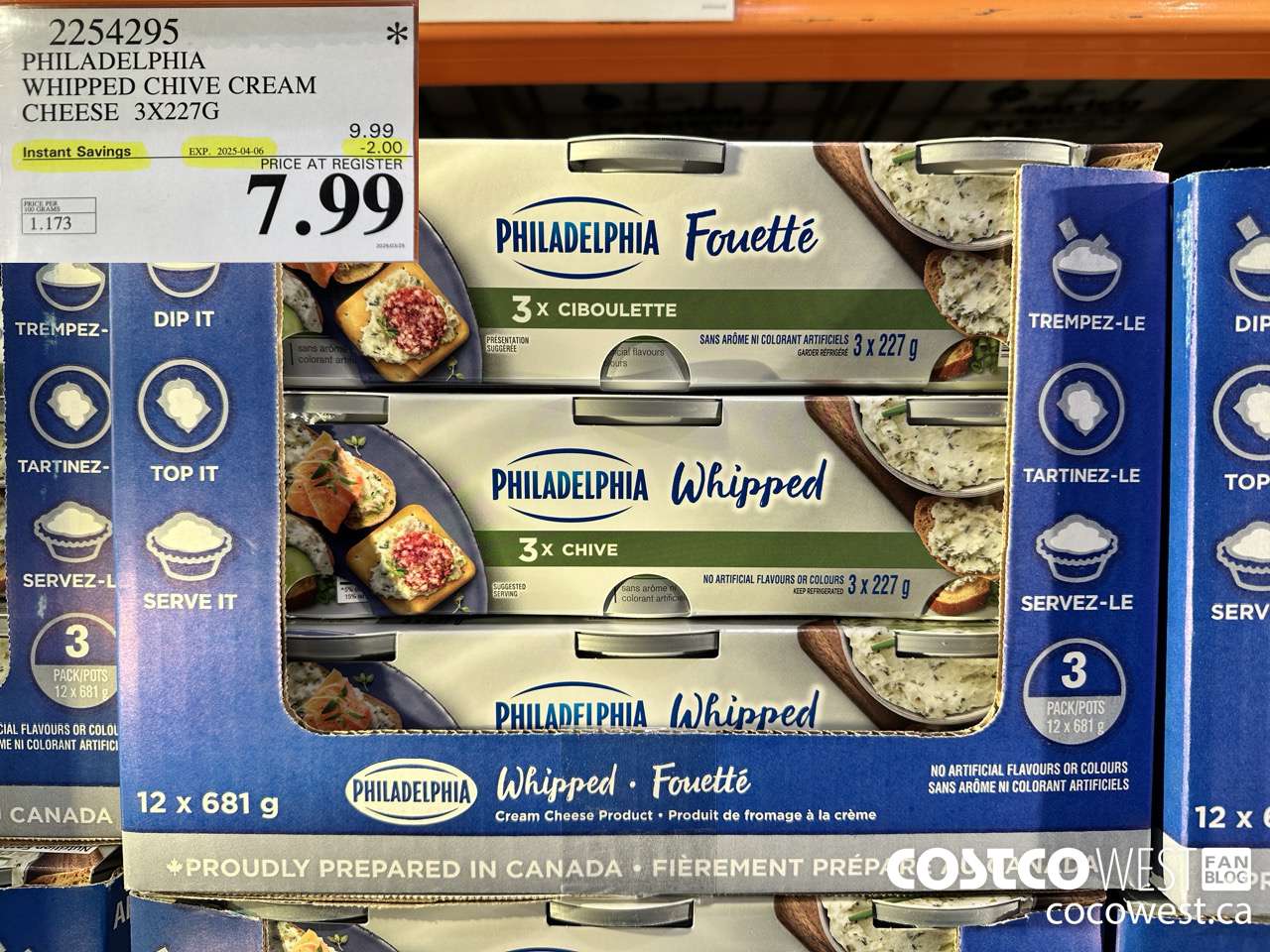 2254295 PHILADELPHIA WHIPPED CHIVE CREAM CHEESE 3 X 227G ($2.00 INSTANT SAVINGS EXPIRES ON 2025-04-06) $7.99