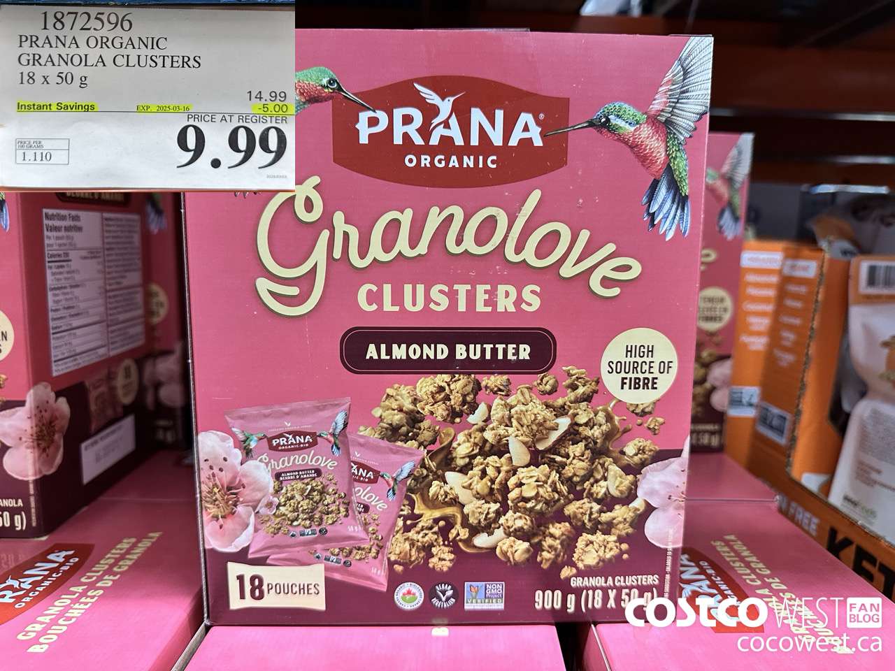 1872596 PRANA ORGANIC GRANOLA CLUSTERS 18 X 50G ($5.00 INSTANT SAVINGS EXPIRES ON 2025-03-16) $9.99