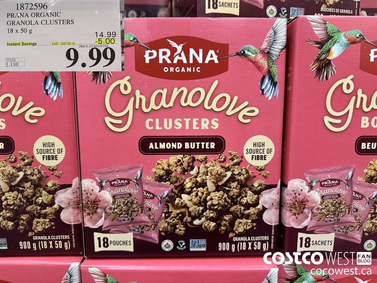 1872596 PRANA ORGANIC GRANOLA CLUSTERS 18 X 50G ($5.00 INSTANT SAVINGS EXPIRES ON 2025-03-16) $9.99