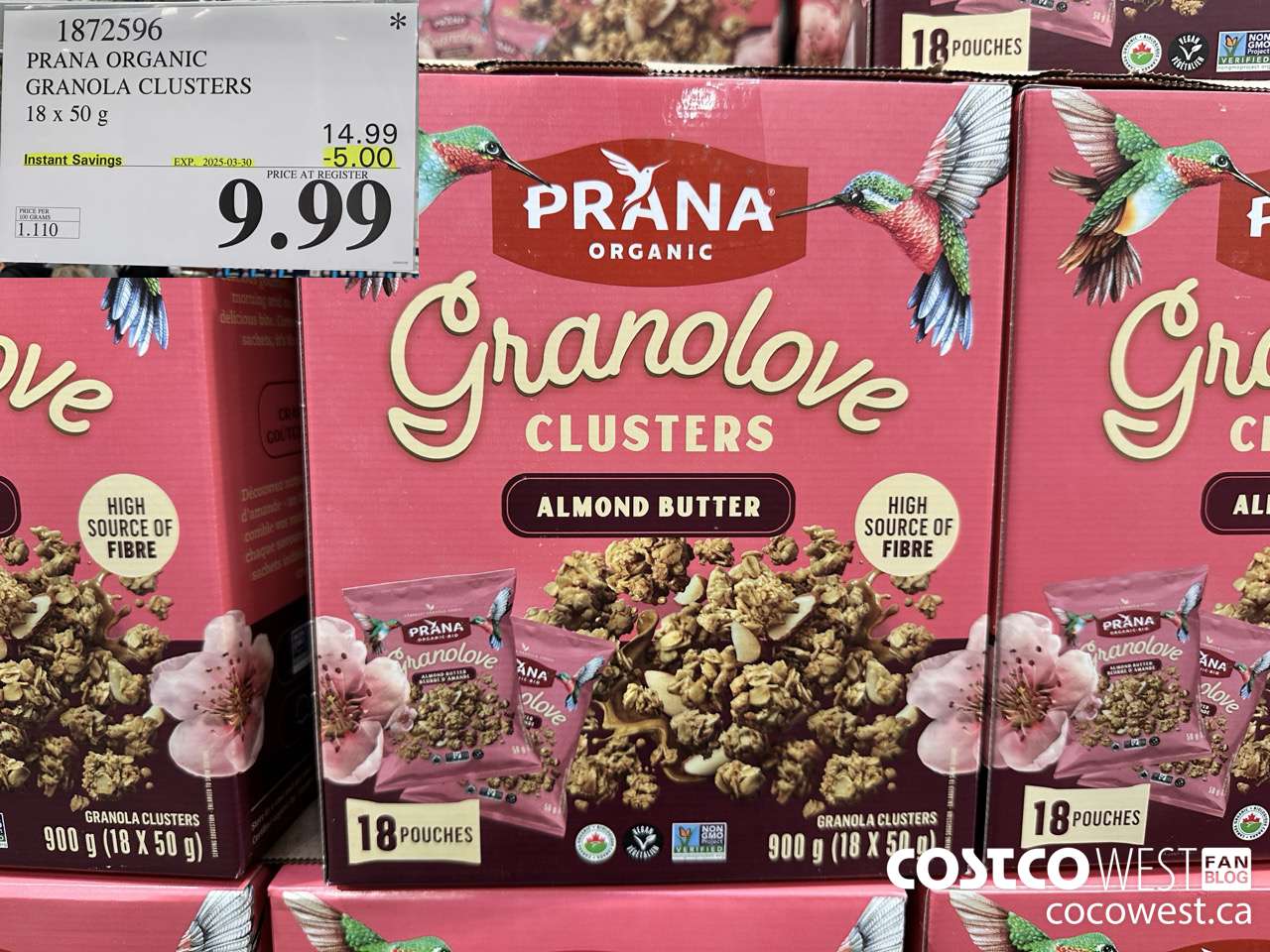 1872596 PRANA ORGANIC GRANOLA CLUSTERS 18 X 50G ($5.00 INSTANT SAVINGS EXPIRES ON 2025-03-30) $9.99