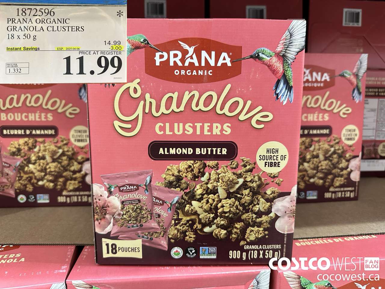 1872596 PRANA ORGANIC GRANOLA CLUSTERS 18 X 50G ($3.00 INSTANT SAVINGS EXPIRES ON 2025-04-06) $11.99