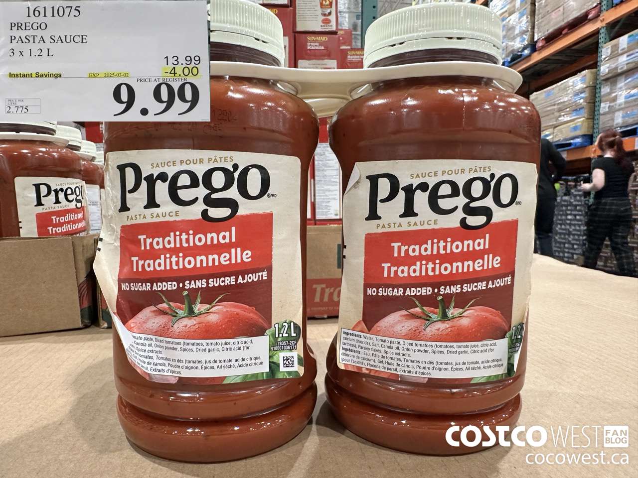 1611075 PREGO ORIGINAL PASTA SAUCE 3 X 1.2 L ($4.00 INSTANT SAVINGS EXPIRES ON 2025-03-02) $9.99